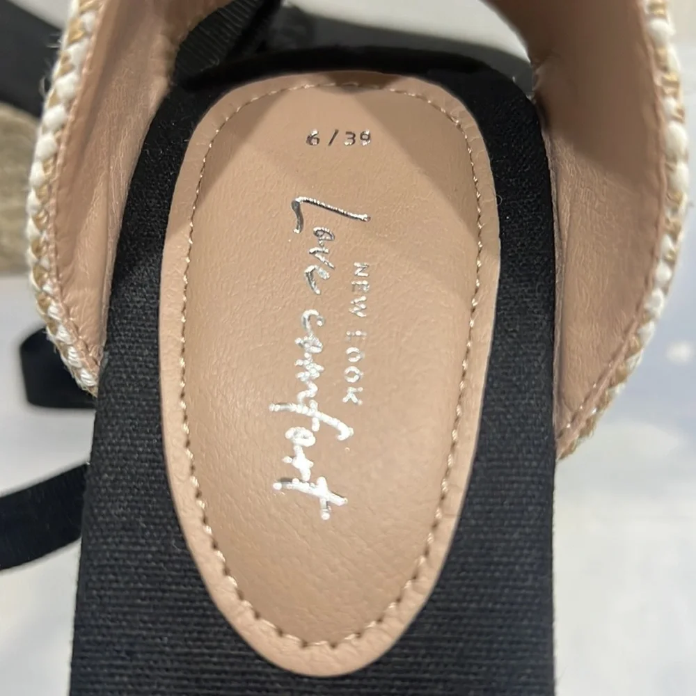 New Look Black Canvas Woven Tie Espadrille Wedges Size 39/US 8